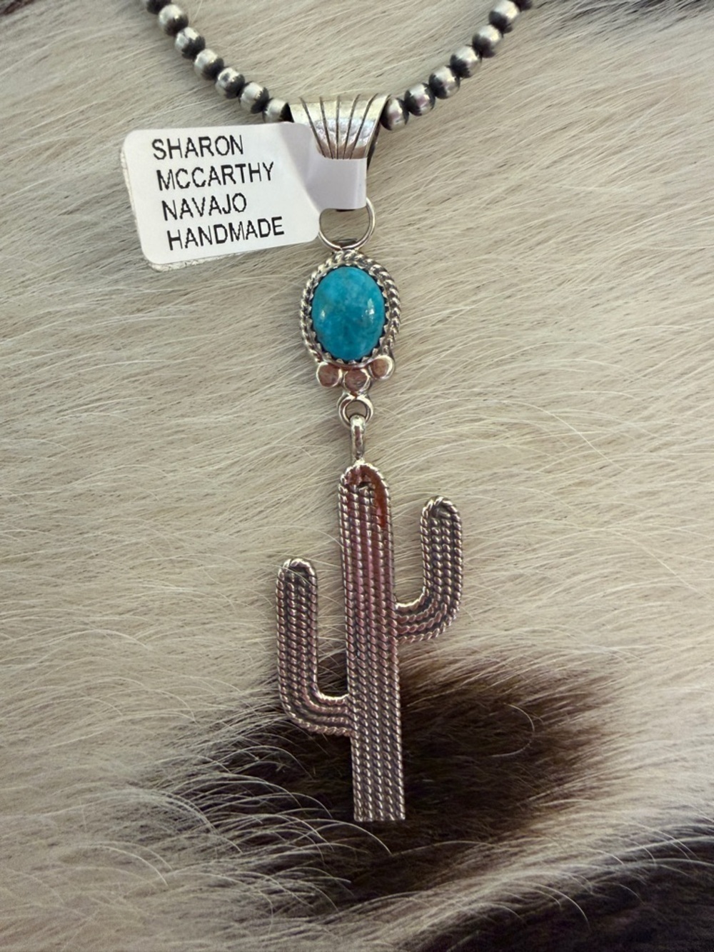 ❤️Signed Navajo Sharon McCarthy Cactus Pendant Kingman Turquoise Sterling Silver - Picture 6 of 15